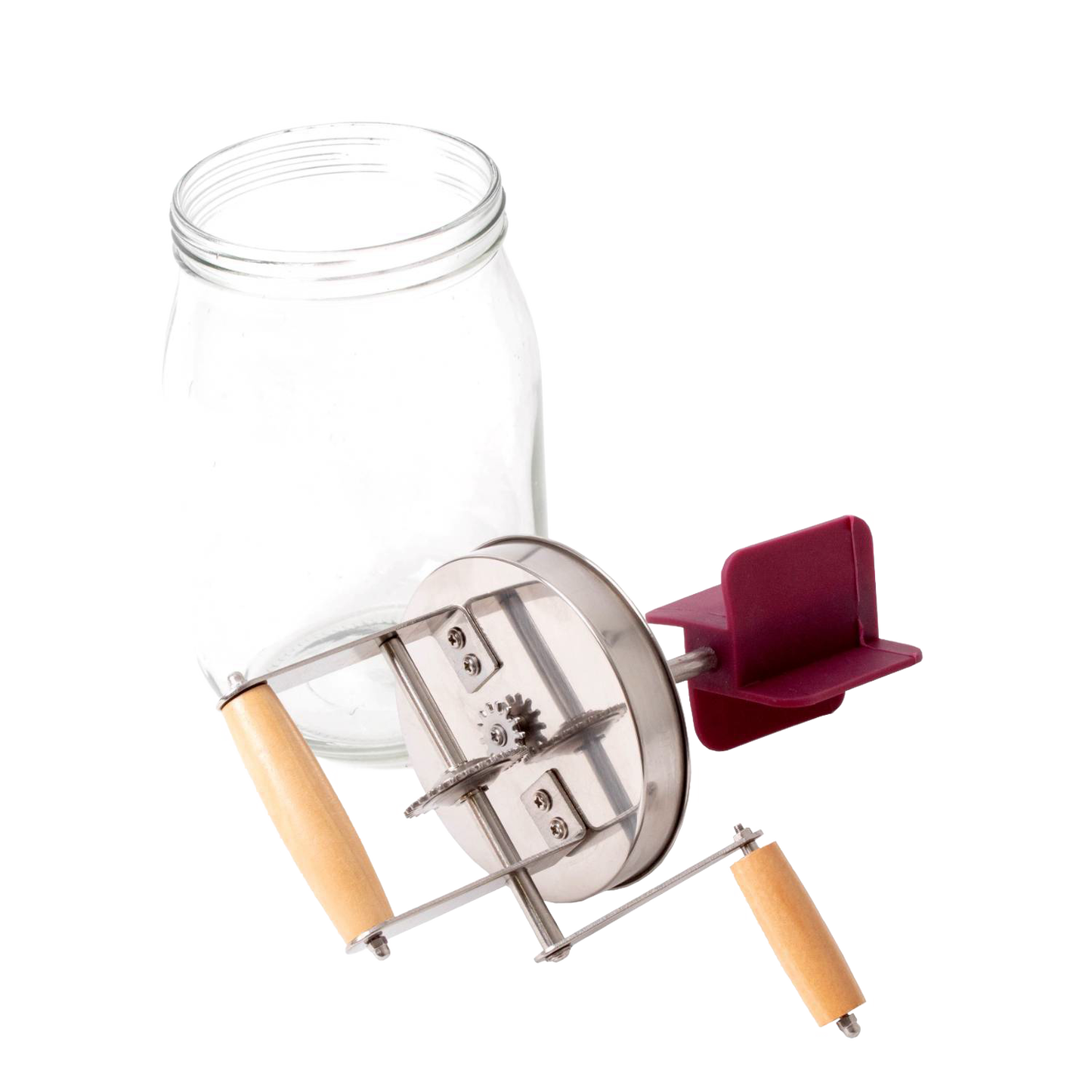 Mini glass butter churn with stainless steel gears and wooden handles for kitchen gadgets and small appliances collections