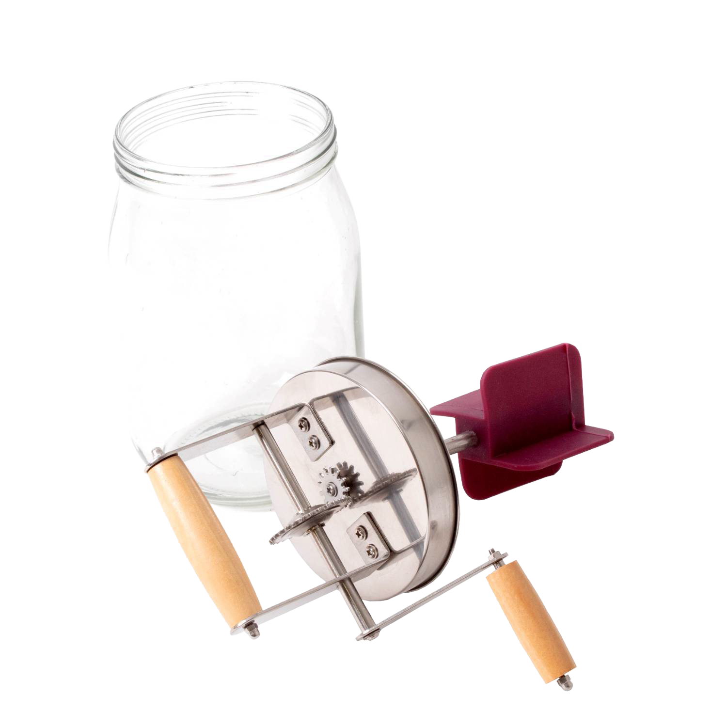 Mini glass butter churn with stainless steel gears and wooden handles for kitchen gadgets and small appliances collections