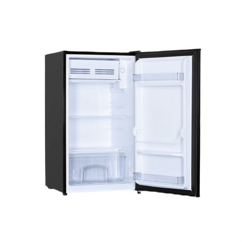 Open black compact refrigerator with full width freezer, adjustable shelves, and clear produce drawer from appliances collection