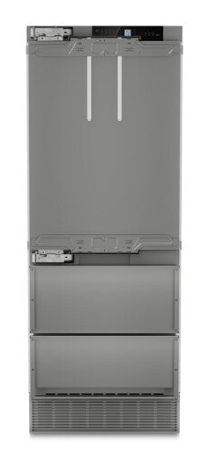 Built-in stainless steel refrigerator/freezer with digital control panel and ice maker in kitchen appliances collection