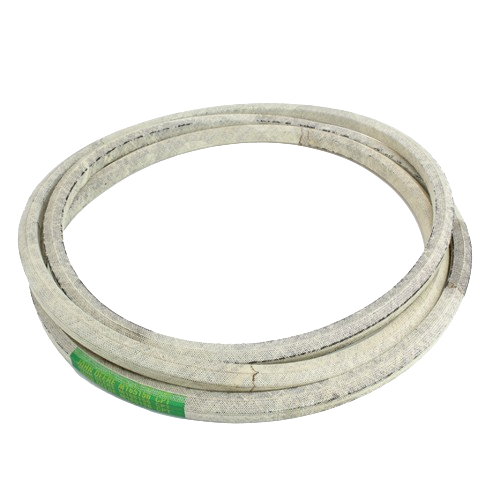 Coiled reinforced V-belt in light gray fabric casing for machinery and home improvement tools use