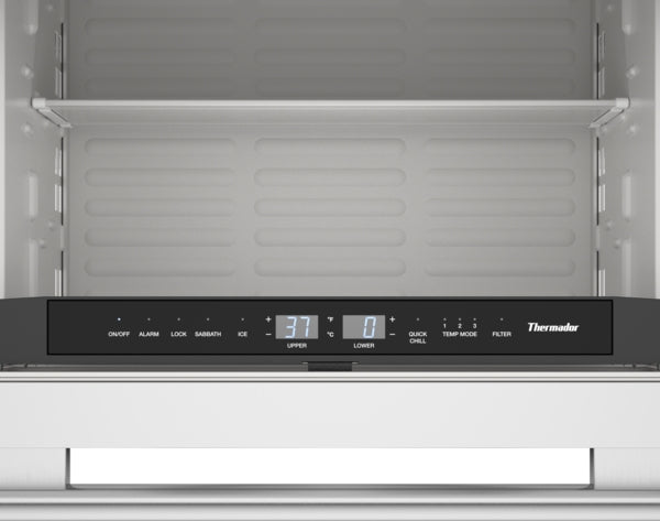 Control panel with digital thermostat display on stainless steel undercounter combo drawer refrigerator freezer for kitchen use