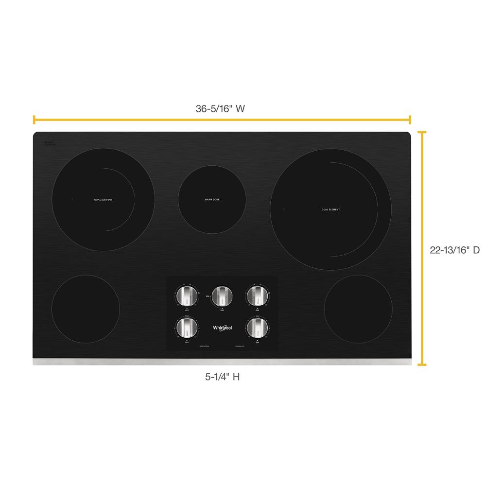 Black electric ceramic glass cooktop with five burners and front knob controls in kitchen appliances collection