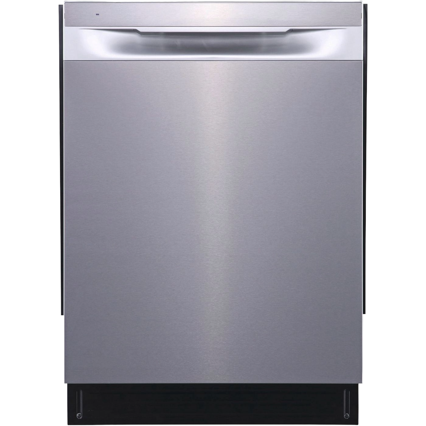 Built-in 24-inch dishwasher with stainless steel front, hidden control panel, and modern handle design for kitchen appliances.