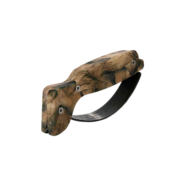 Camouflage-patterned handheld knife sharpener designed for quick blade maintenance in woodworking and home improvement tasks