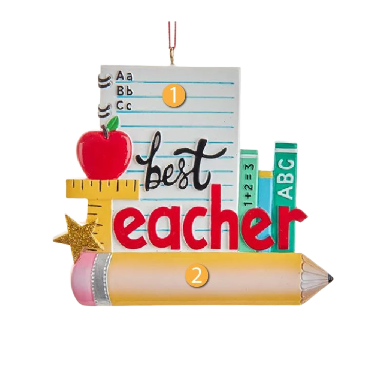 Colorful Christmas ornament featuring a red apple, pencil, ruler, and notebook paper for teacher appreciation decor under $50