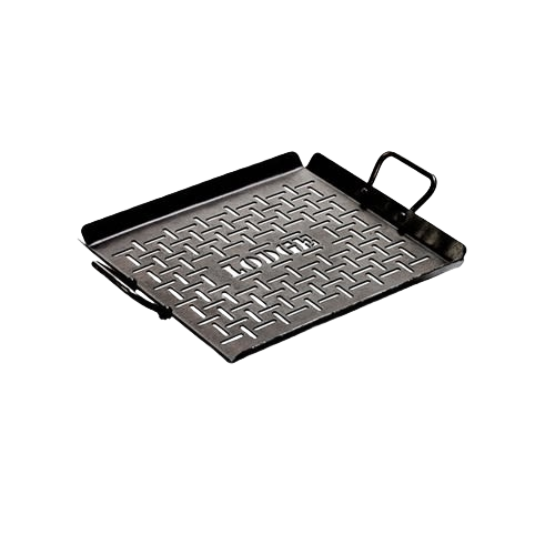 Seasoned carbon steel grilling pan with raised grid surface and side handles for home improvement cooking tools