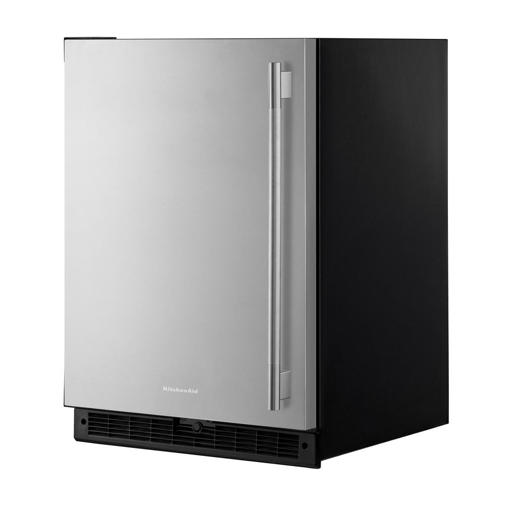 24-inch undercounter refrigerator with stainless steel door and vertical handle for kitchen appliance collections