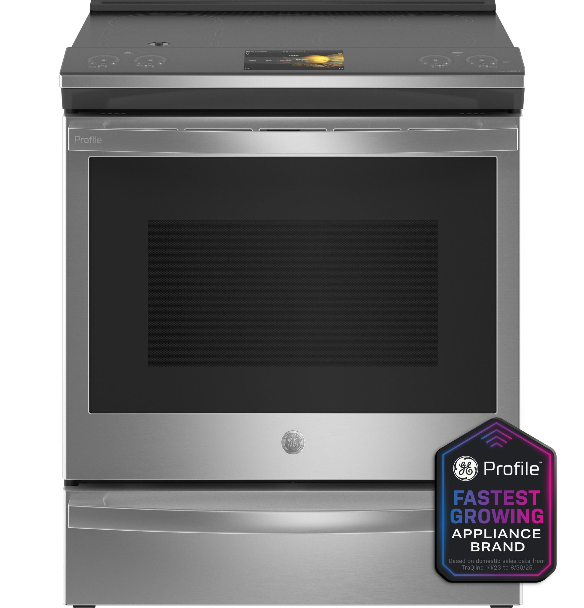 Front view of stainless steel smart slide-in induction range with fingerprint resistant finish in kitchen appliances collection