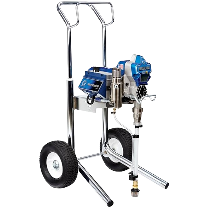 Blue and silver professional-grade paint sprayer on a chrome wheeled cart, designed for efficient painting tasks in rental power tools at Hartville Hardware.
