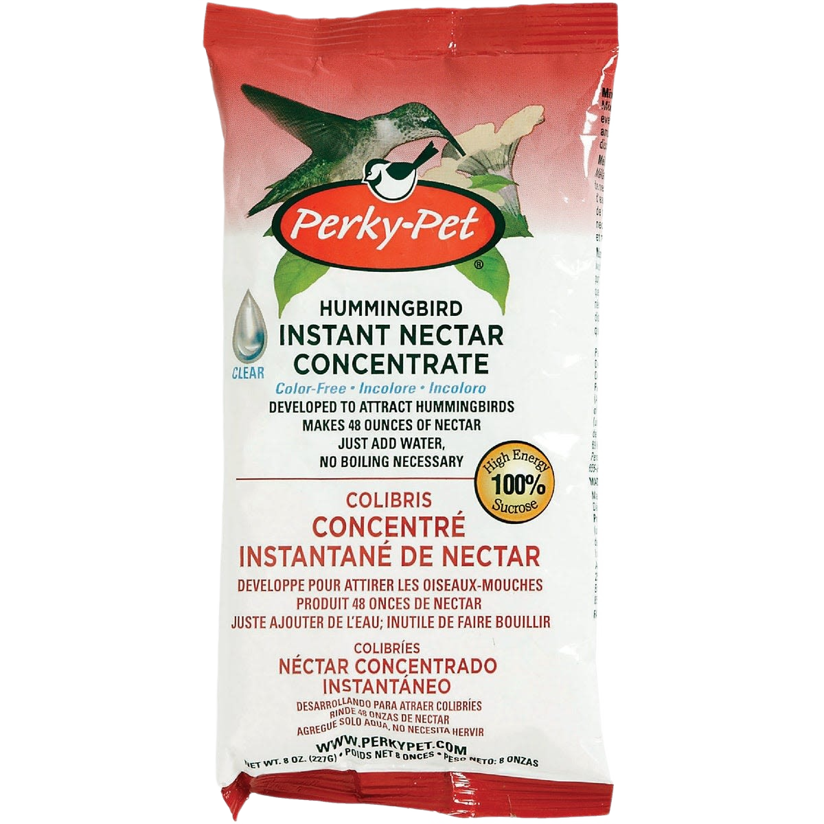 Packet of clear hummingbird nectar powder concentrate with 8 oz capacity for outdoor bird feeding use