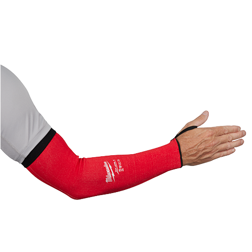 Red protective sleeve with black trim and thumb loop designed for cut resistance in tools and home improvement use