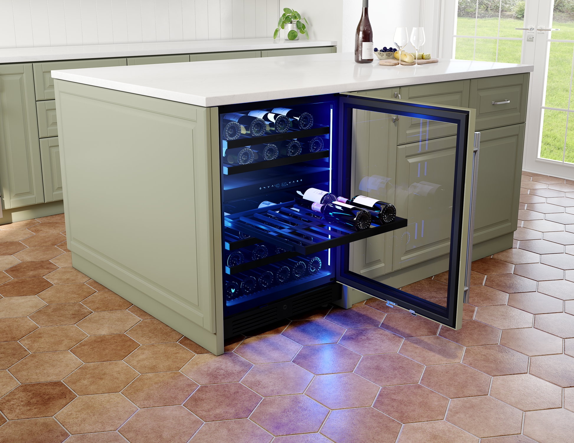 Built-in dual zone wine cooler with glass door, blue interior lighting, and pull-out shelf in kitchen appliance setting