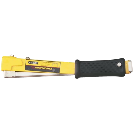 Heavy-duty hammer tacker with yellow metal body and textured black grip for tools and home improvement tasks