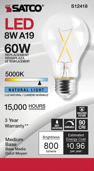 Satco clear LED light bulb with medium metal base, 800 lumens, natural light, dimmable, and energy-efficient design