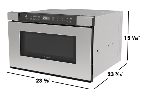 Stainless steel 24-inch built-in microwave drawer with digital touch controls and black window in kitchen appliances collection