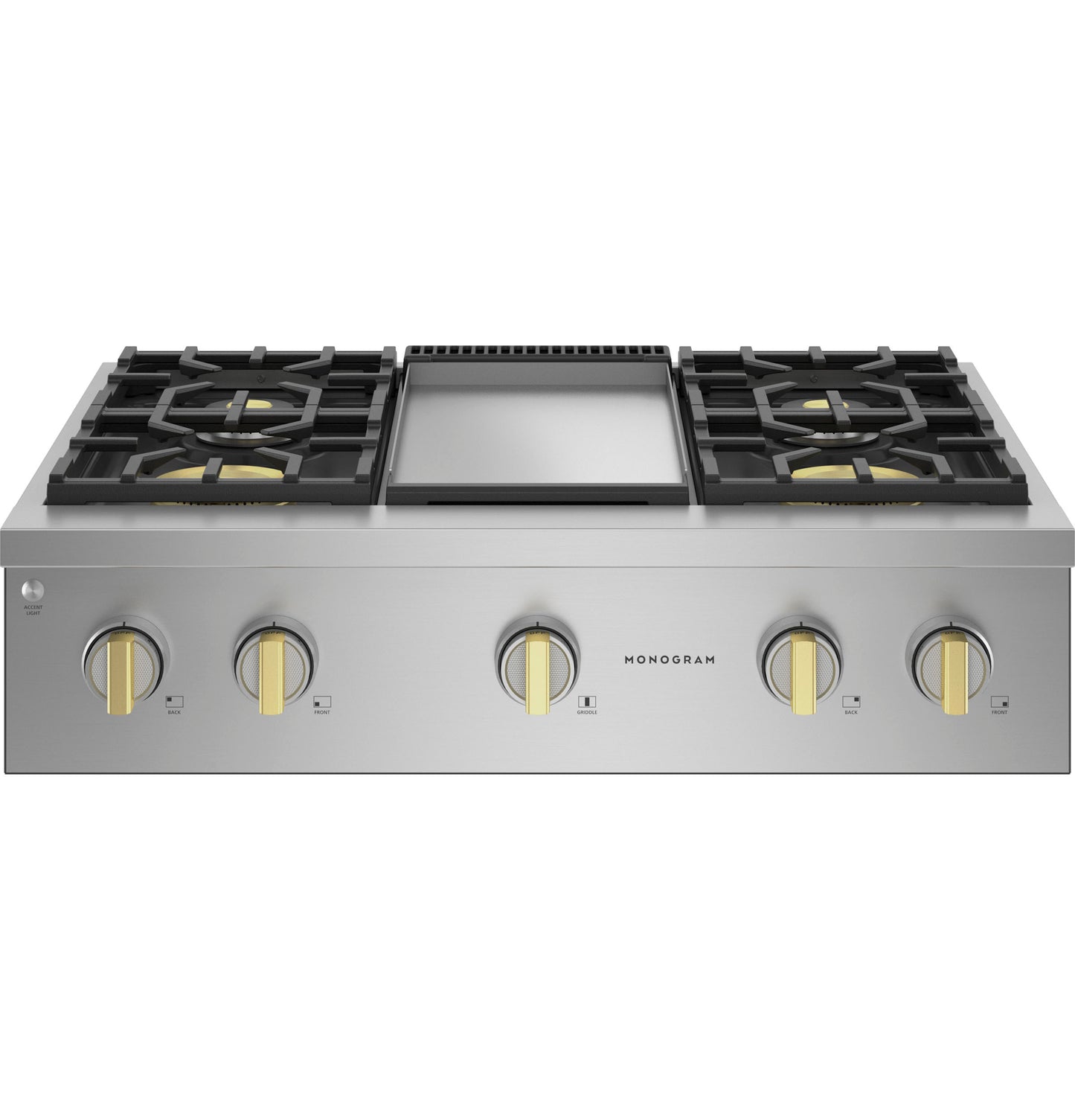 36-inch stainless steel gas rangetop with four burners, central griddle, and brass-accented control knobs in Cooktops collection
