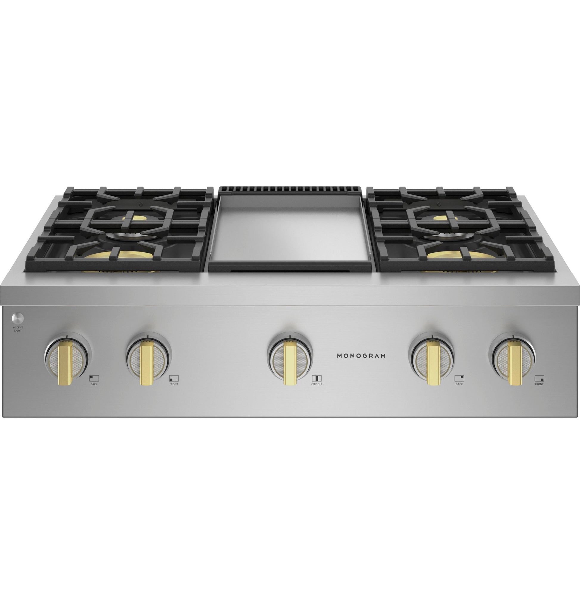 36-inch stainless steel gas rangetop with four burners, central griddle, and brass-accented control knobs in Cooktops collection