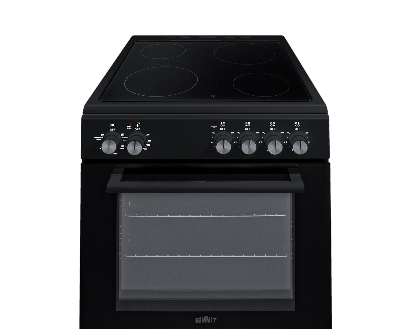 Black 24-inch electric smooth-top range with control knobs and clear oven door for compact kitchen spaces
