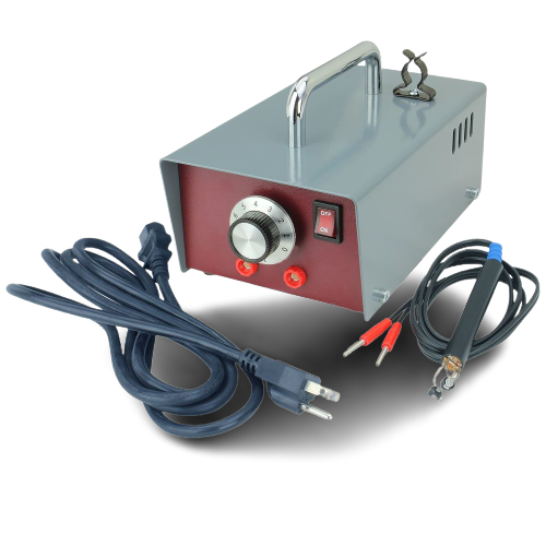 Compact metal pyrography machine with adjustable dial, power switch, and connected power cord for wood burning tools