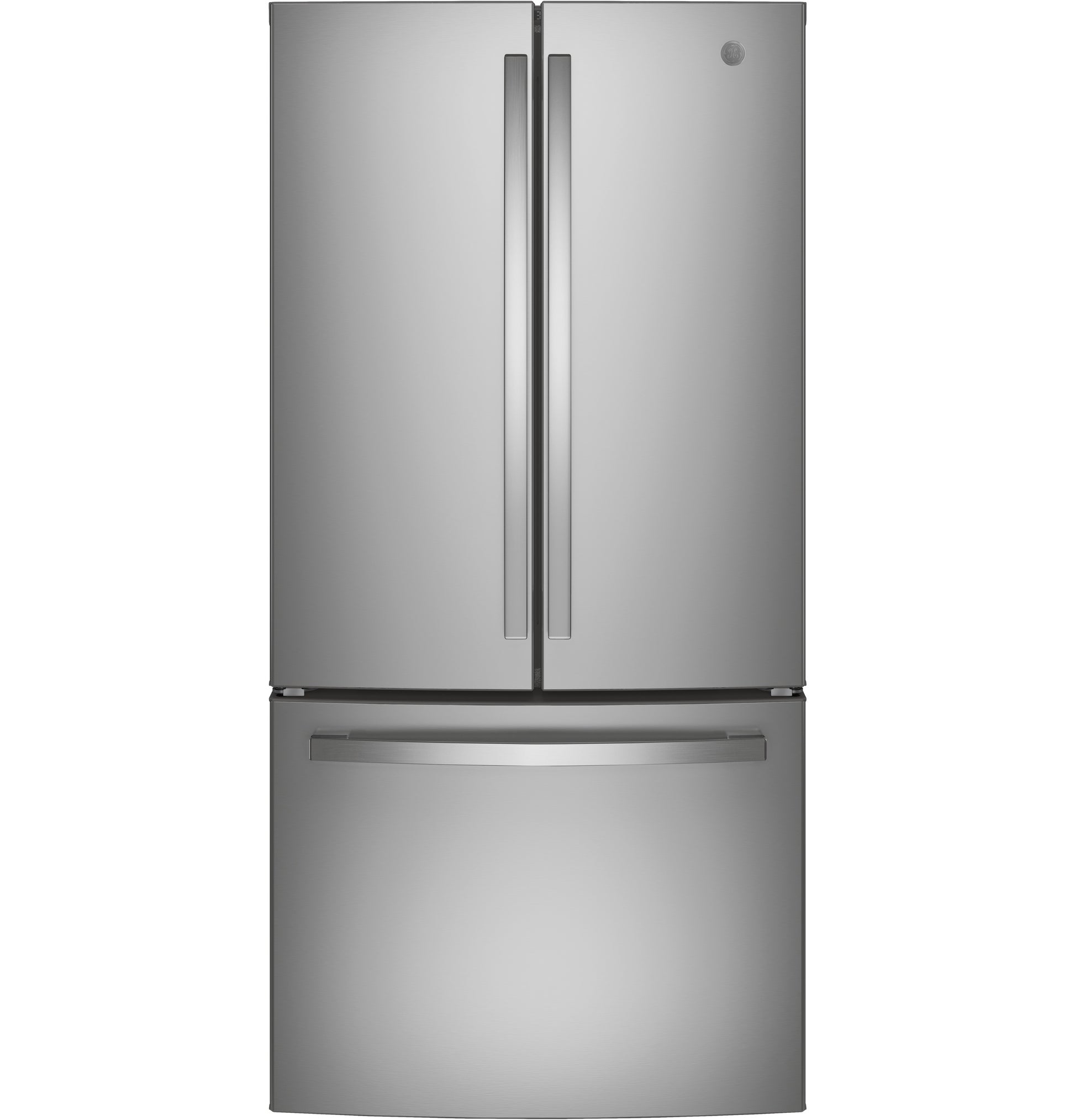 Stainless steel French door refrigerator with bottom freezer in modern kitchen appliances and refrigerators collection