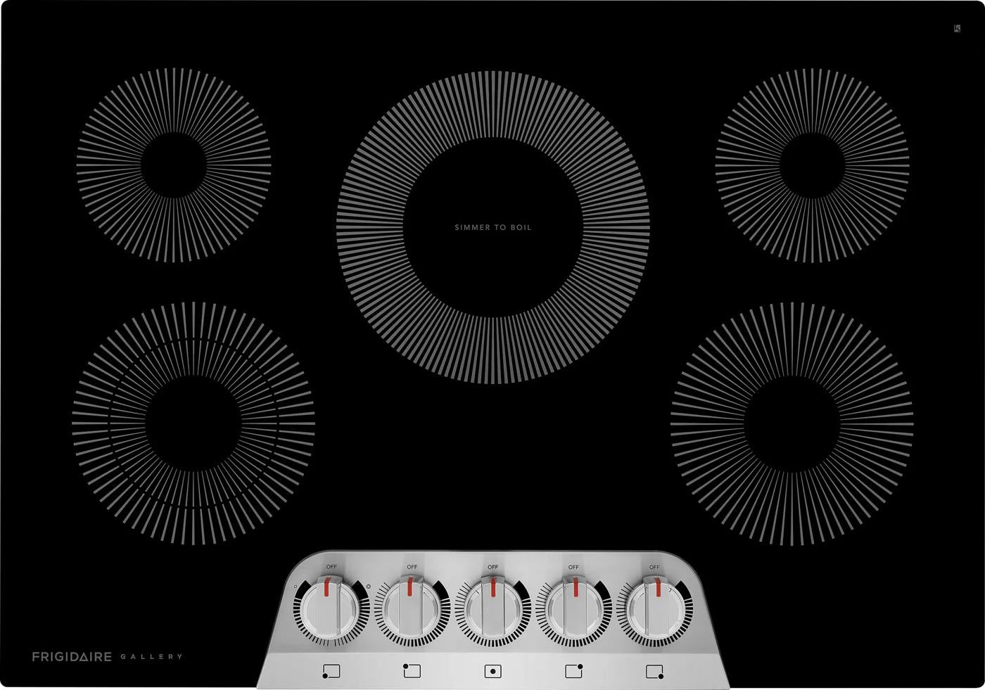 Black electric cooktop with five radiant heating elements and stainless steel control knobs in Cooktops and Appliances collections