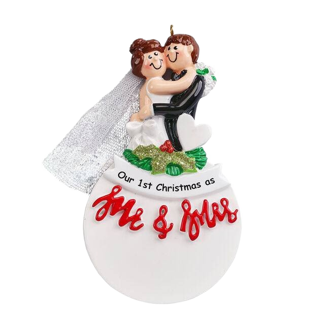 Personalized bride and groom ornament celebrating first Christmas as Mr and Mrs from Christmas Ornaments collection