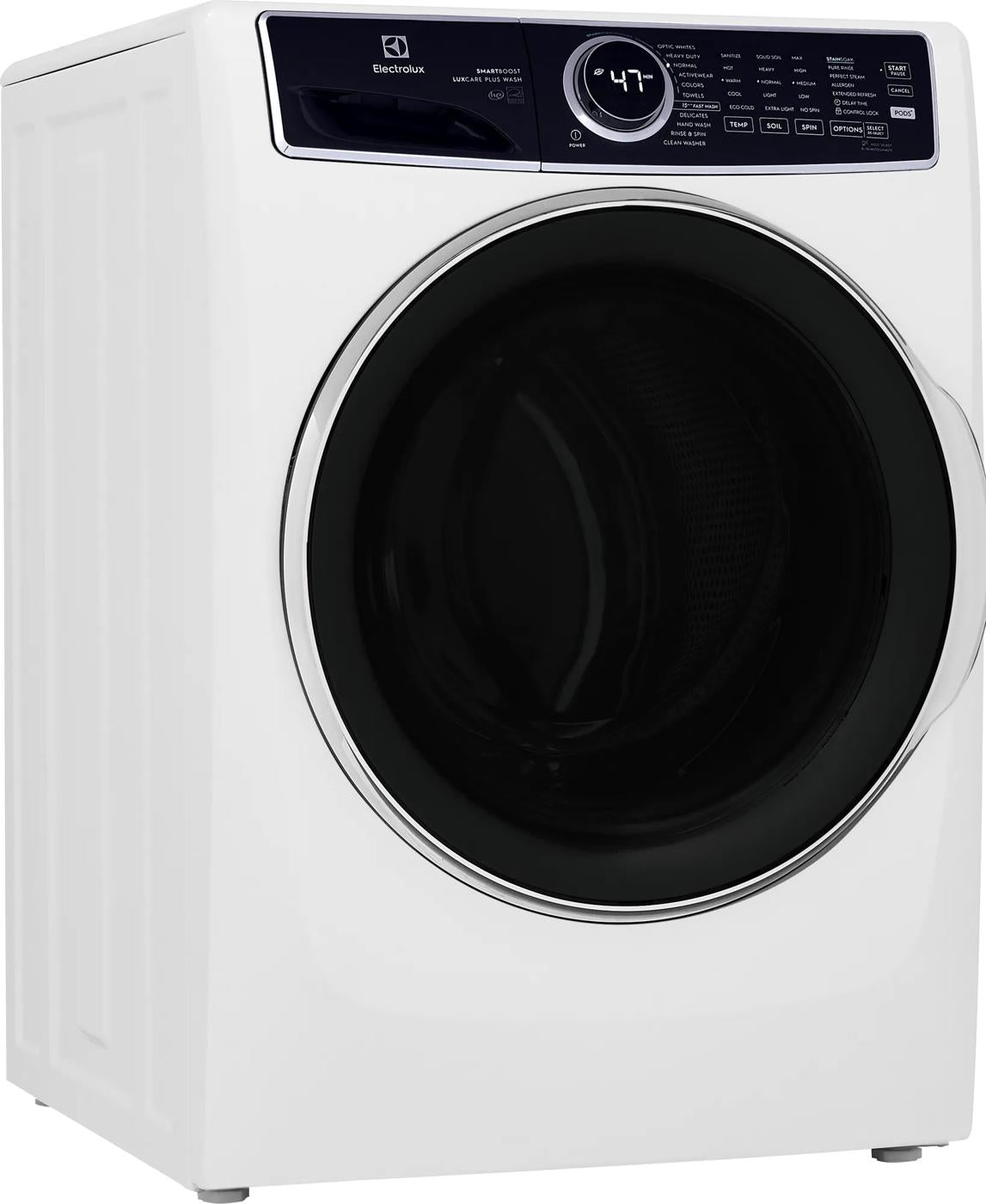 White front load washer with large dark glass door and digital control panel from front load washers collection