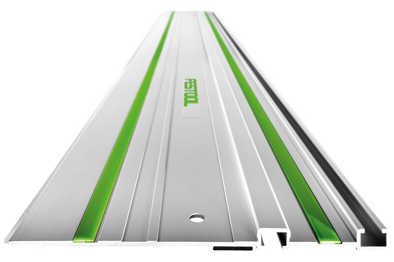 Aluminum Festool guide rail with green anti-slip strips for precise woodworking and power tool accessories.