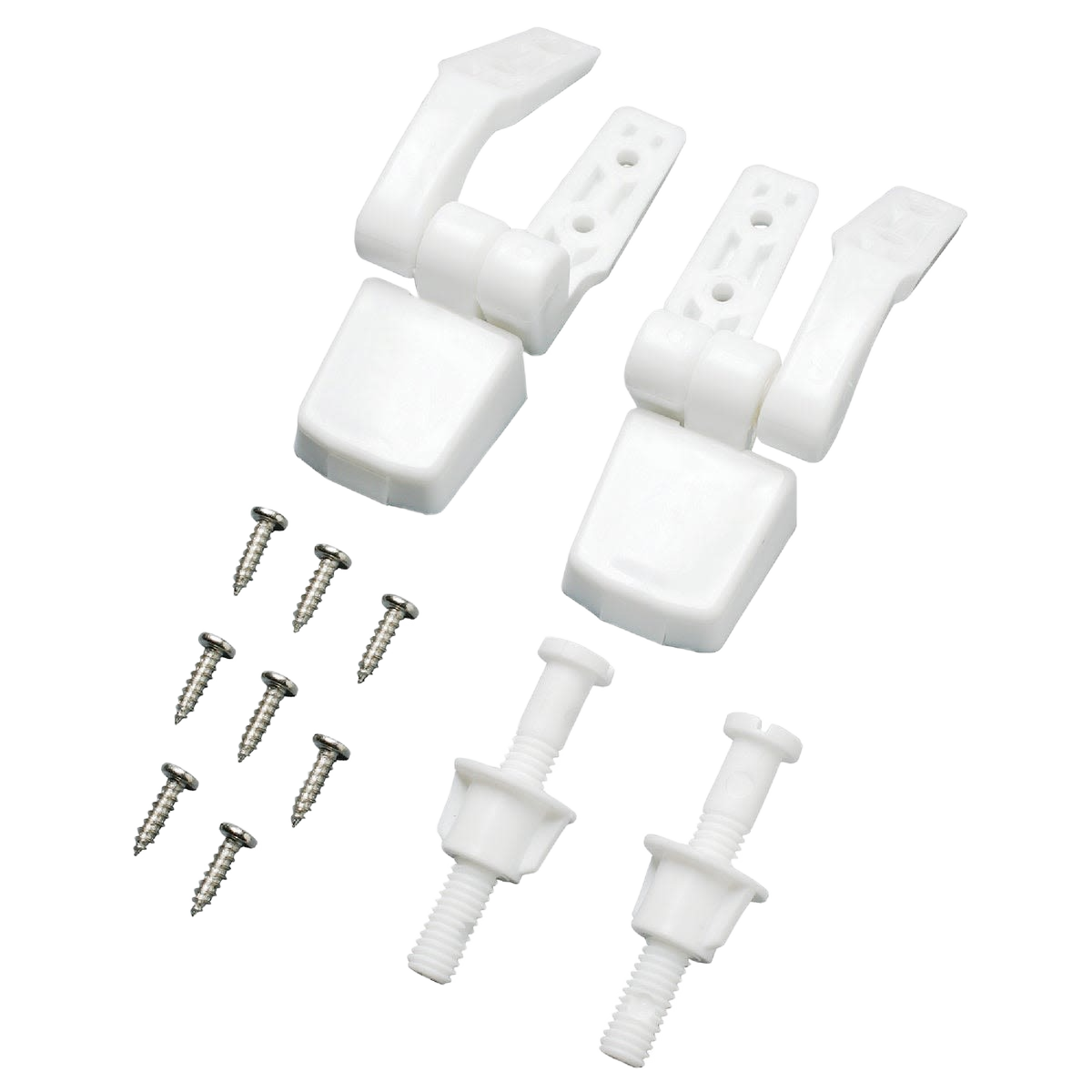 White plastic adjustable toilet seat hinges with mounting bolts and screws for tools and home improvement use