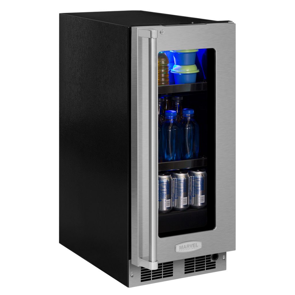 Compact beverage center with integrated right hinge, stainless steel frame, tri-color interior lighting, and adjustable shelves