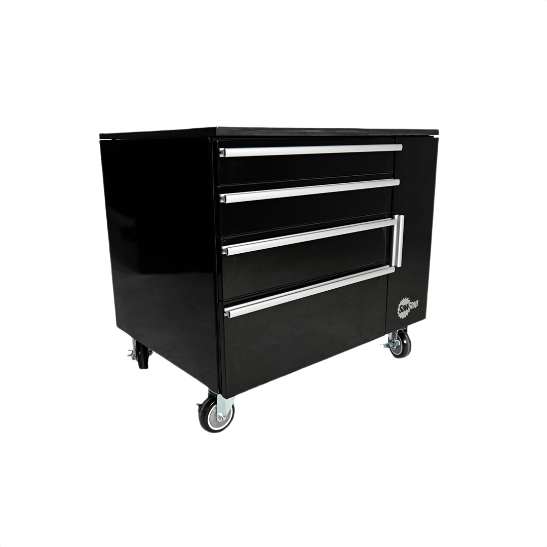 Black metal under table cabinet with four drawers on wheels for workshop tool storage and woodworking organization