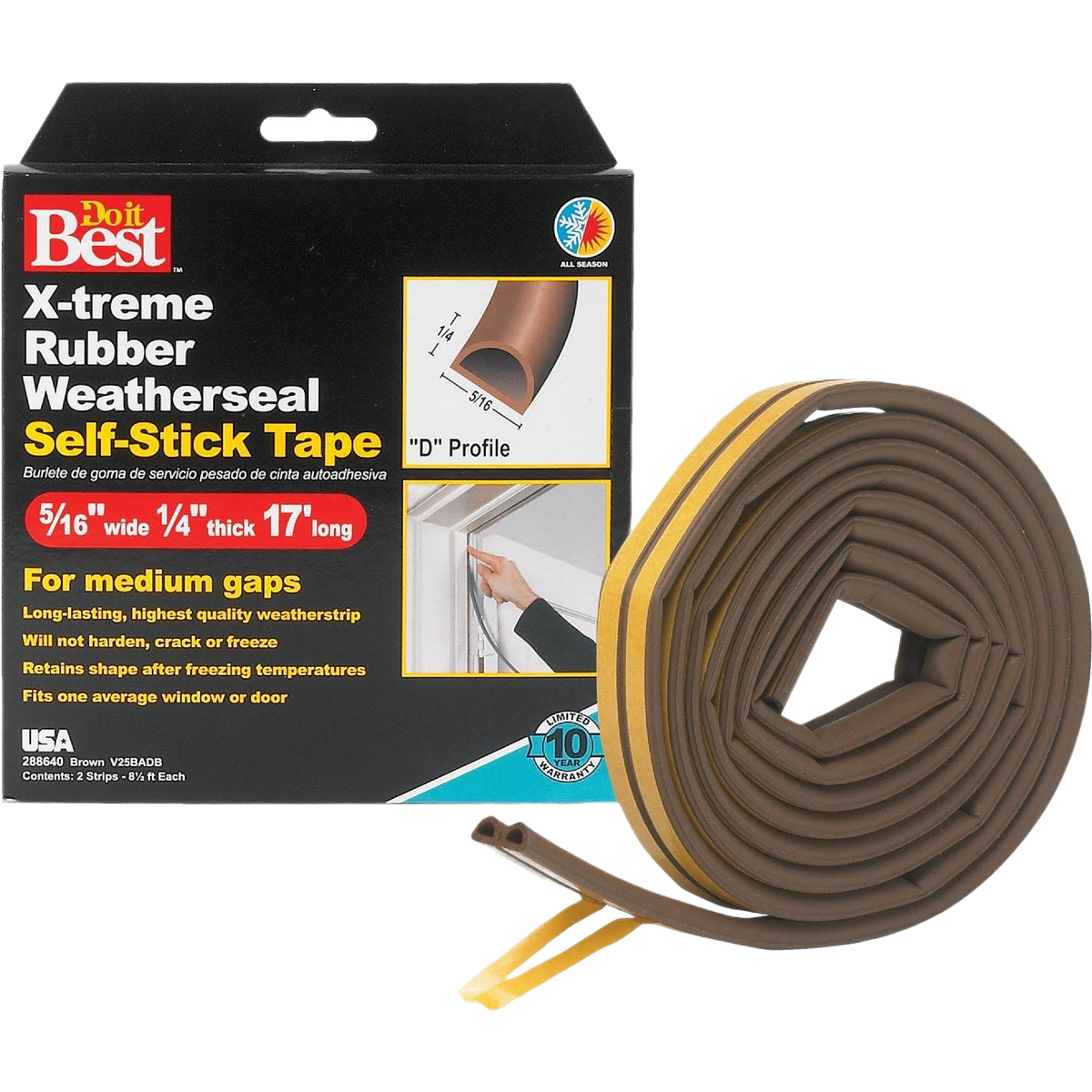 Brown rubber weatherseal tape with self-adhesive backing for medium gap sealing in home improvement tasks