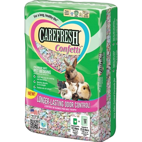 Colorful confetti-style small pet bedding in a green bag featuring rabbits and guinea pigs for healthy pet care
