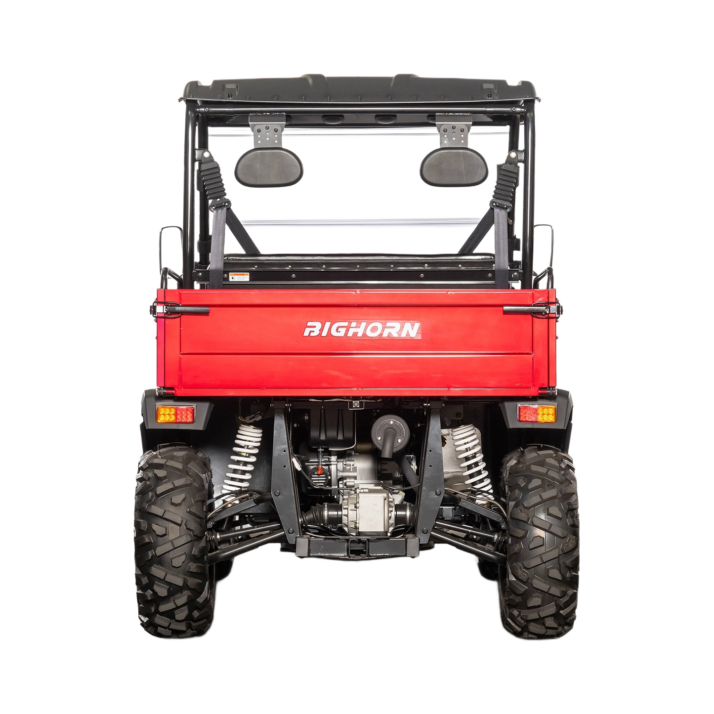 Rear view of a red Bighorn utility vehicle with rugged suspension and off-road tires for outdoor tasks and home improvement