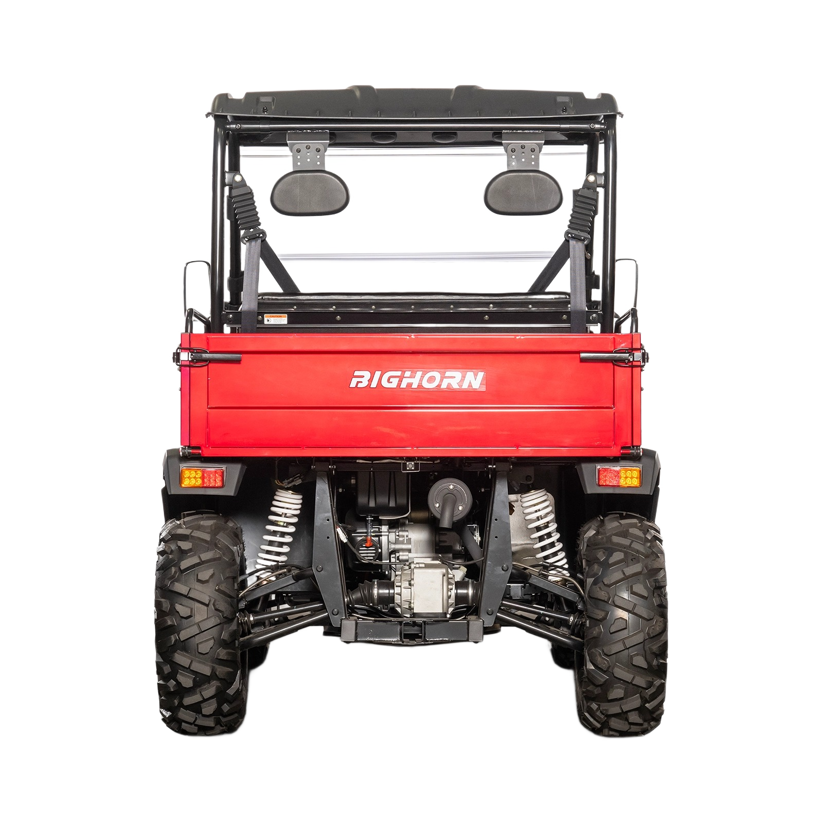 Rear view of a red Bighorn utility vehicle with rugged suspension and off-road tires for outdoor tasks and home improvement