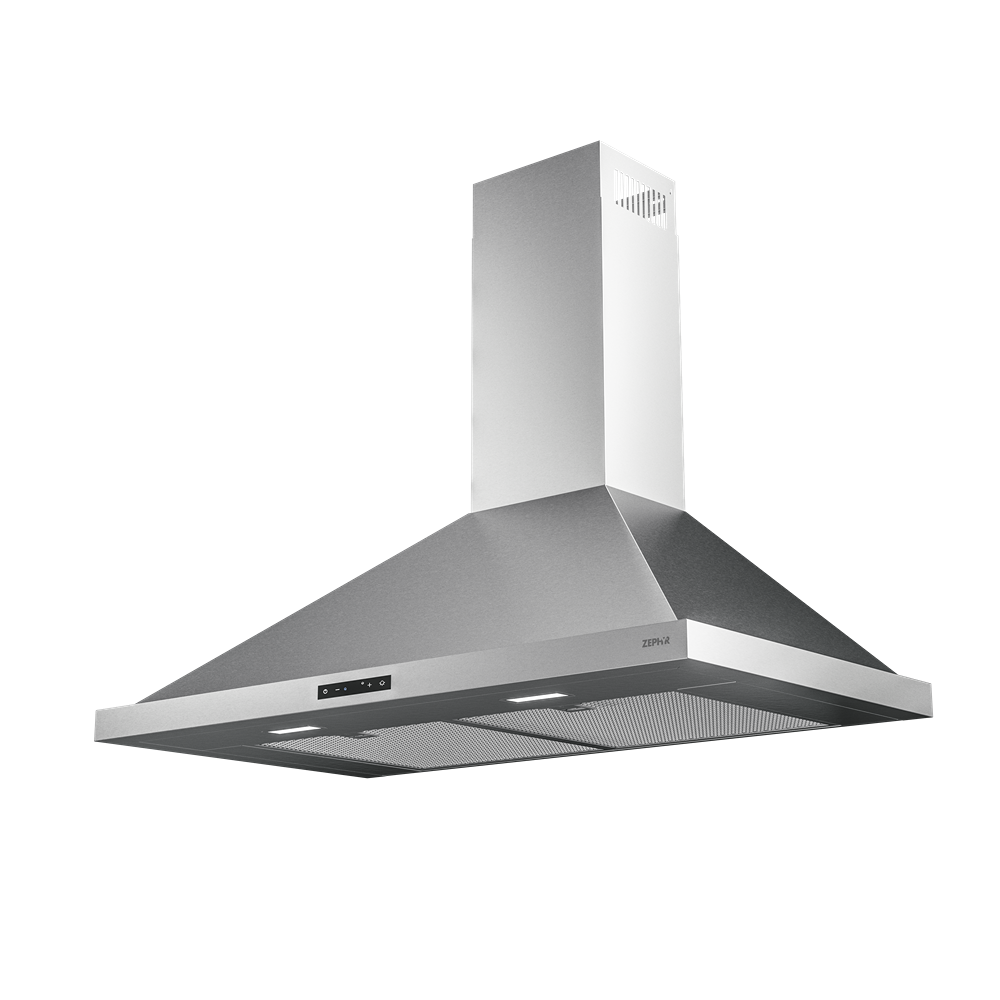 Stainless steel range hood with LED lights and capacitive touch controls from Over the Range Hoods collection