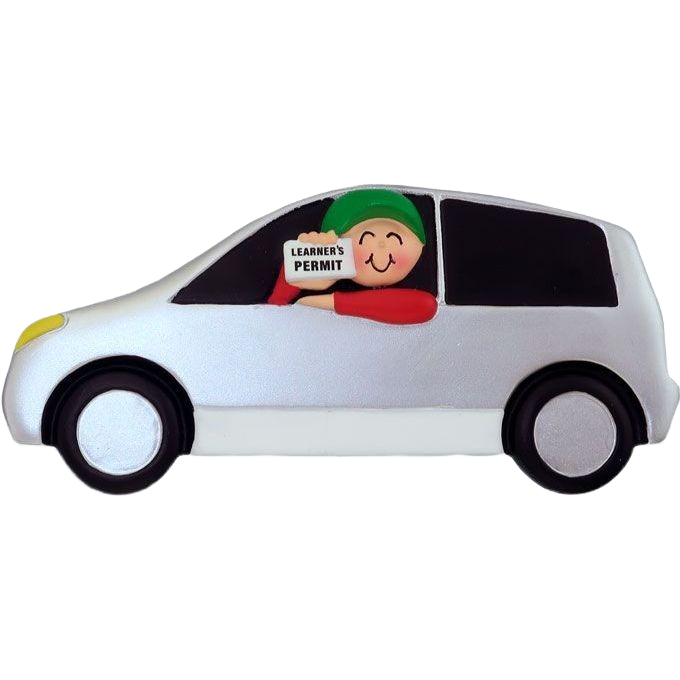 White car ornament with smiling male figure wearing green cap holding learner's permit from Christmas Ornaments collection
