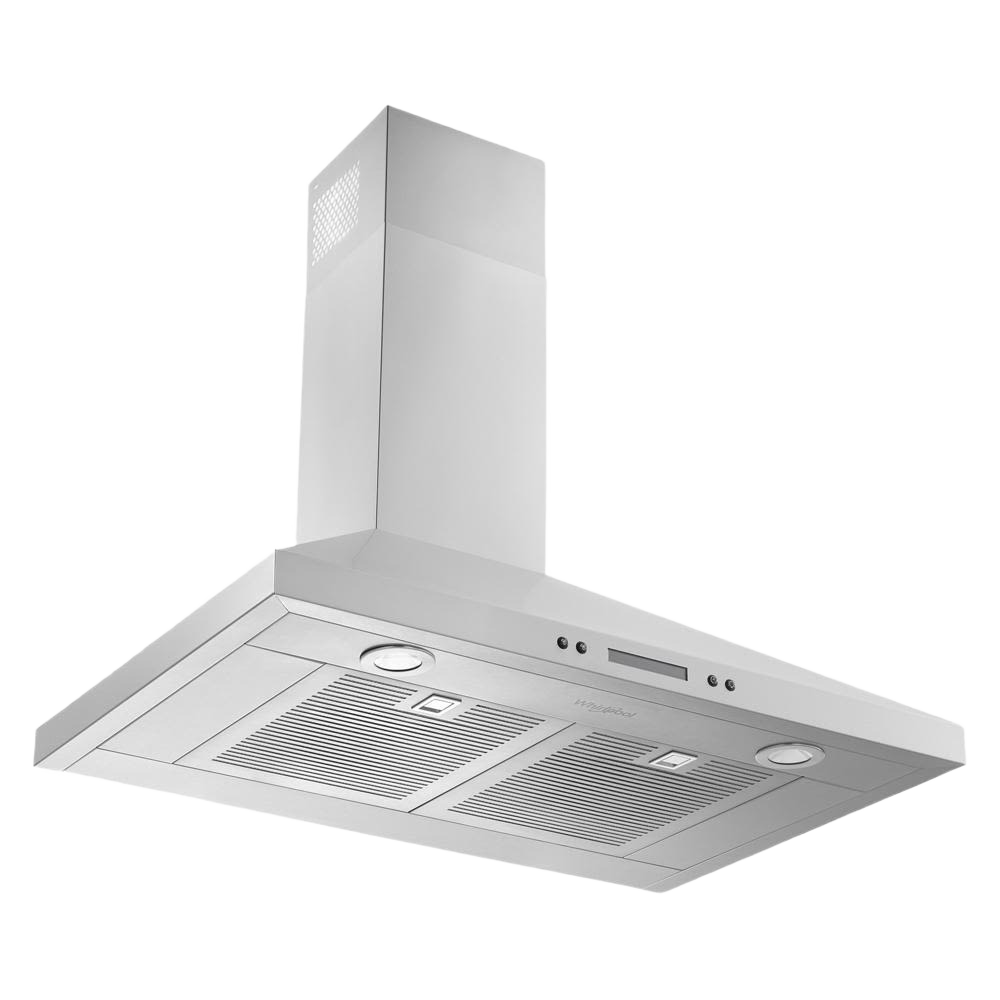 Stainless steel wall-mounted chimney range hood with dishwasher-safe grease filters and LED lights in Appliances collection