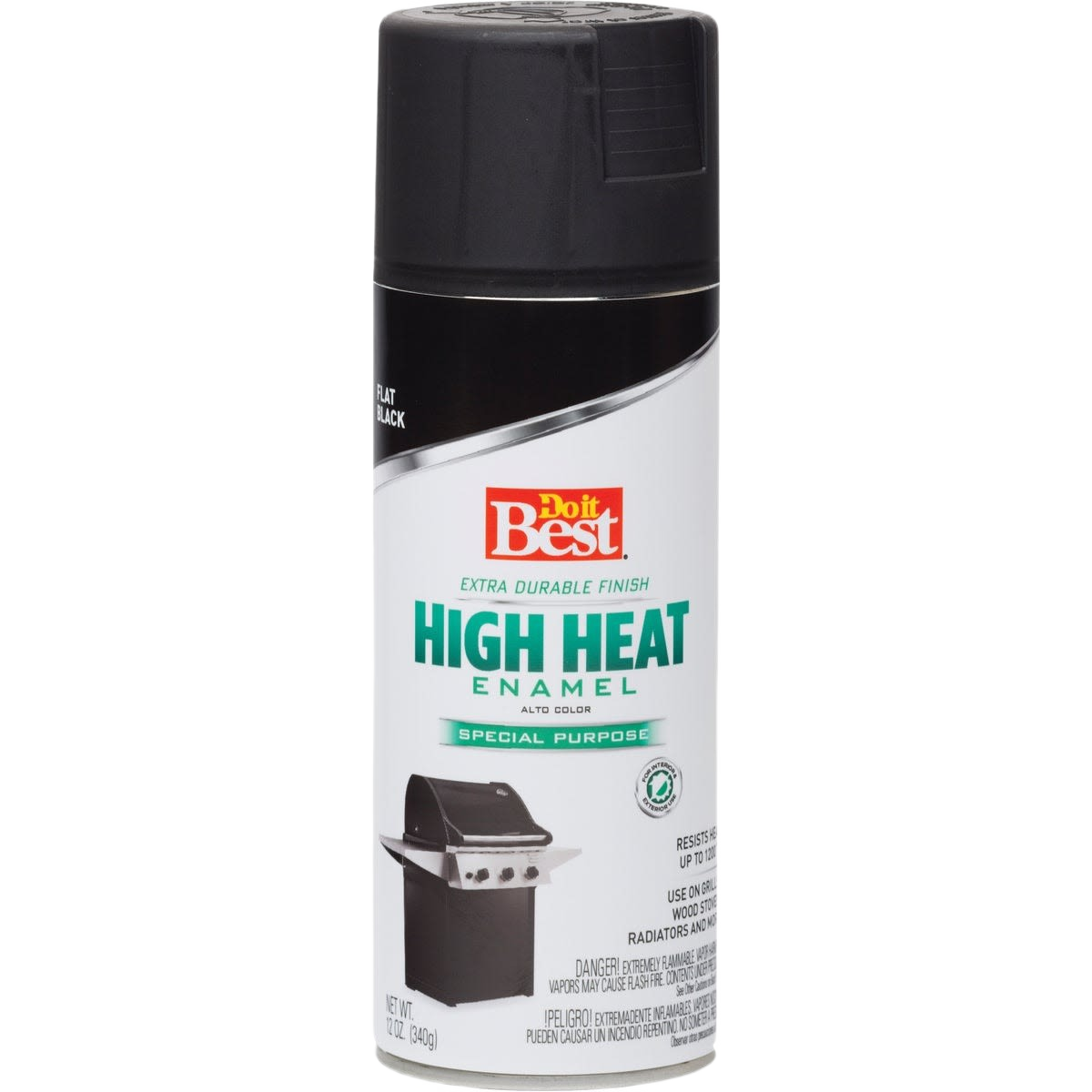 Can of flat black enamel spray paint designed for high heat resistance up to 1200°F in paint and supplies collection
