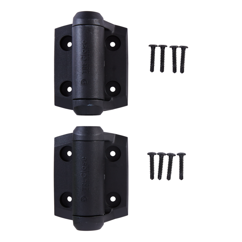 Two black narrow spring hinges with corrosion-resistant polymers and mounting screws for gate hardware under $100 in home improvement