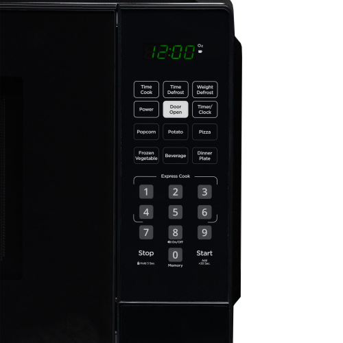 Black microwave control panel with digital green clock and preset cooking buttons for kitchen appliances use