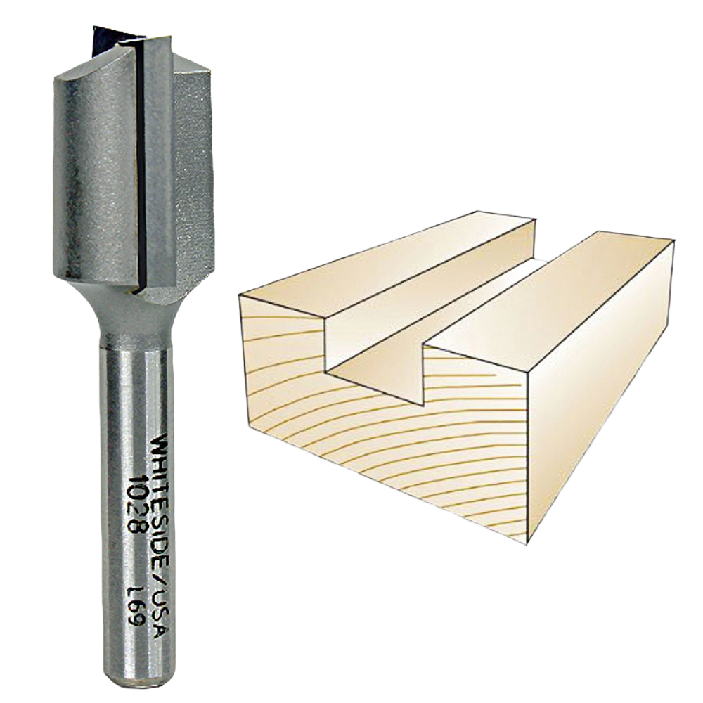 Router bit with straight cutting edges next to a wood groove sample for woodworking and tool accessories collections