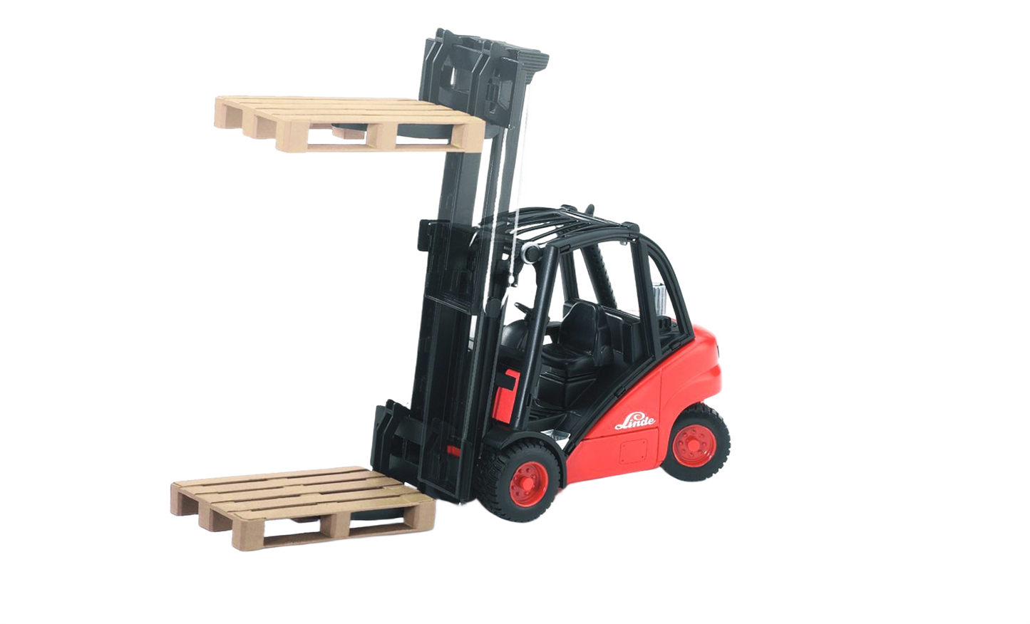 Red and black realistic Linde HT160D stacker toy lifting two wooden pallets for Toys & Games collection