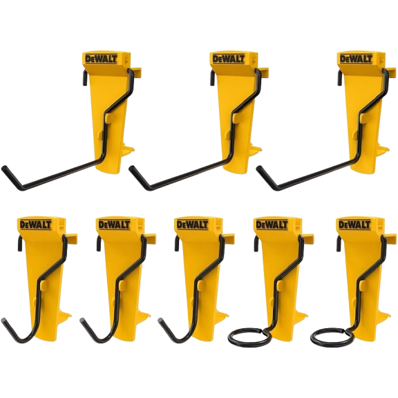Eight yellow tool hooks with black metal prongs for mounting on metal rails in workshop storage organization.