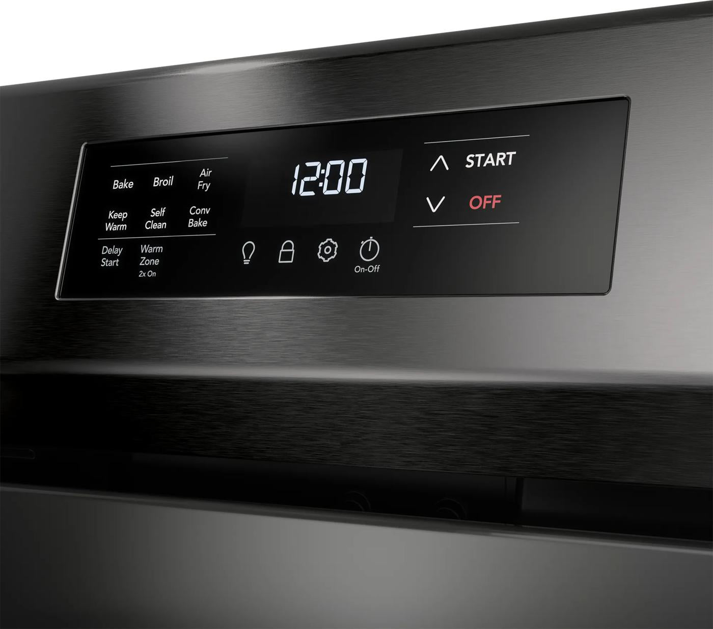 digital control panel with timer and cooking mode options on stainless steel kitchen range appliance