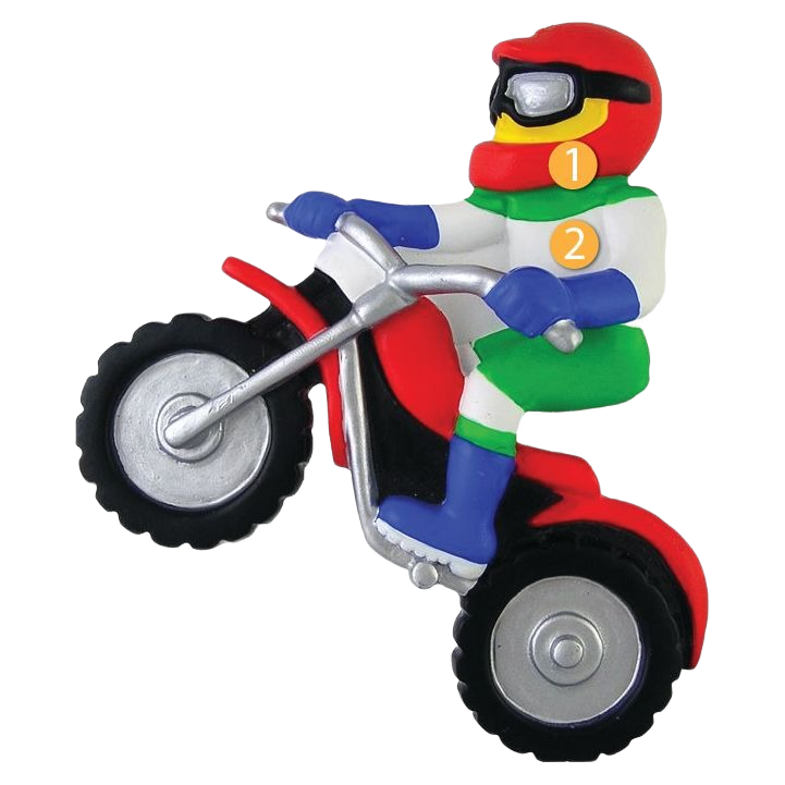 Red helmeted dirt bike rider figurine in green and blue gear performing a wheelie for Christmas tree decoration under $50 collection