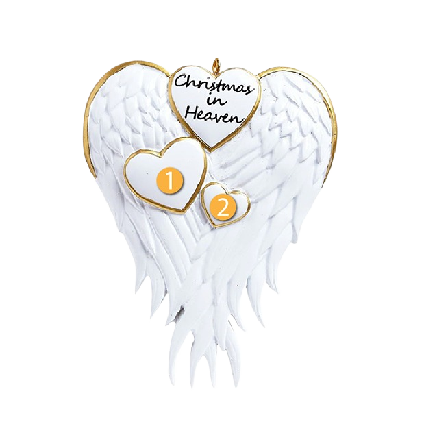 White angel wings ornament with gold-edged hearts and "Christmas in Heaven" message in Christmas Ornaments collection