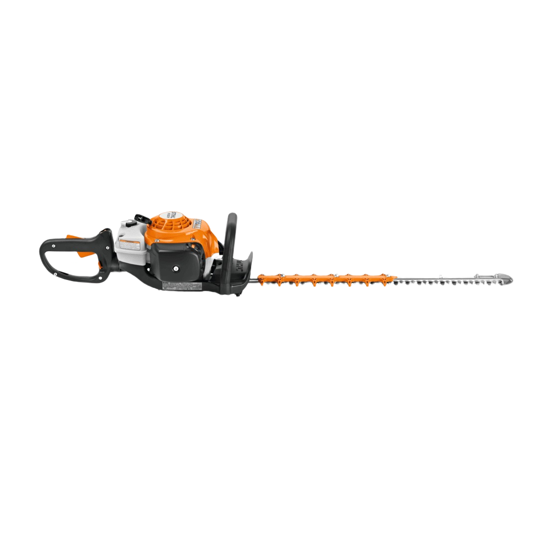 Gas-powered hedge trimmer with orange and black housing for precise yard and garden maintenance tasks