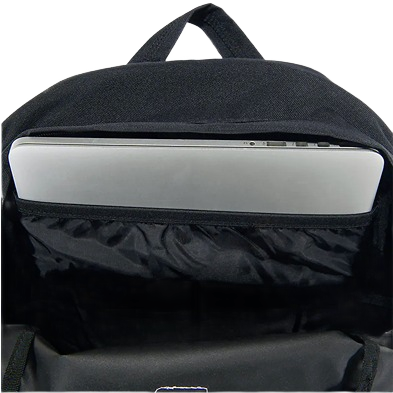 Top view of a black backpack with a padded compartment holding a silver laptop in accessories and bags collections